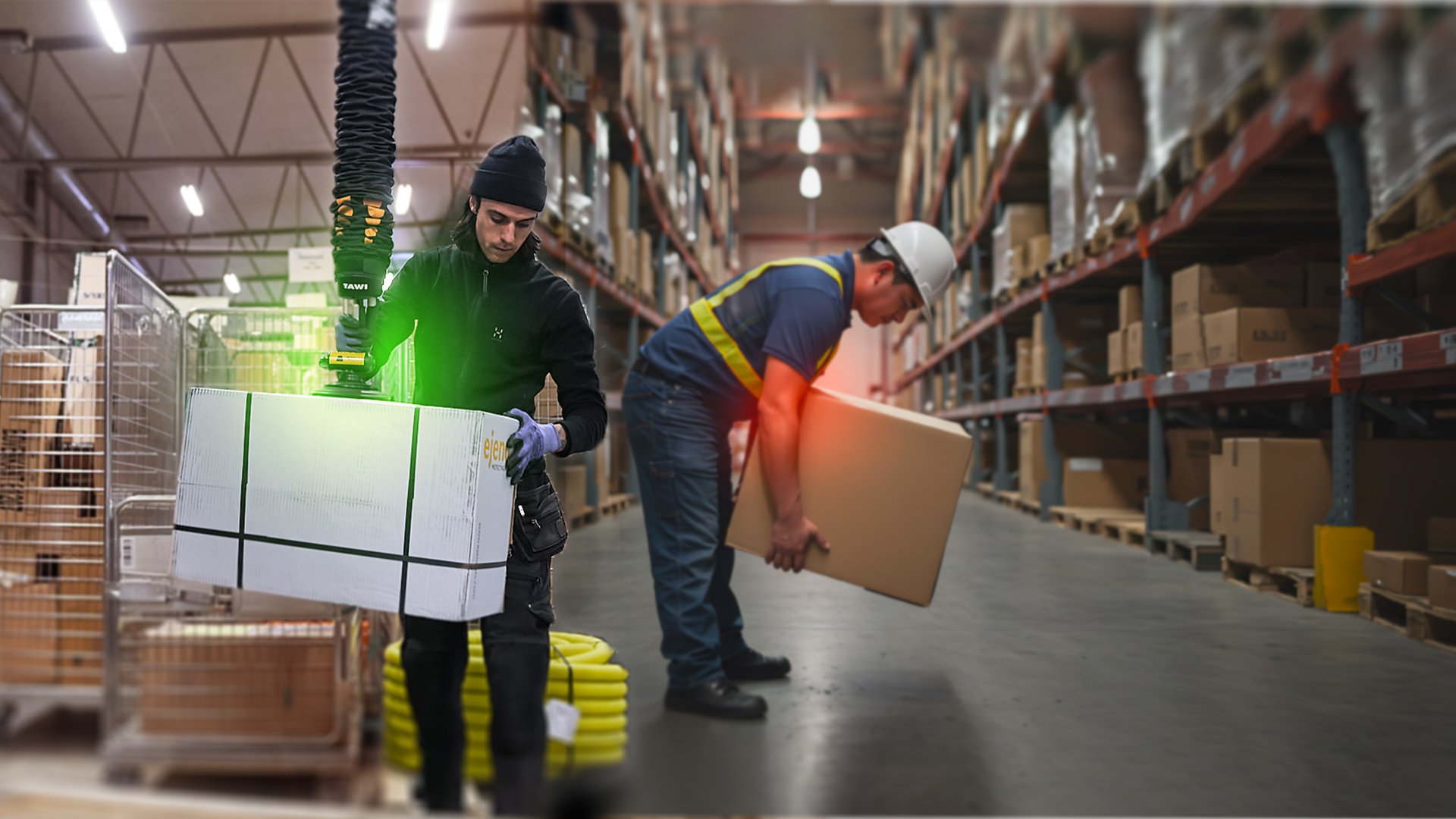 stor låda lyfts med hjälp av vakuumlyft