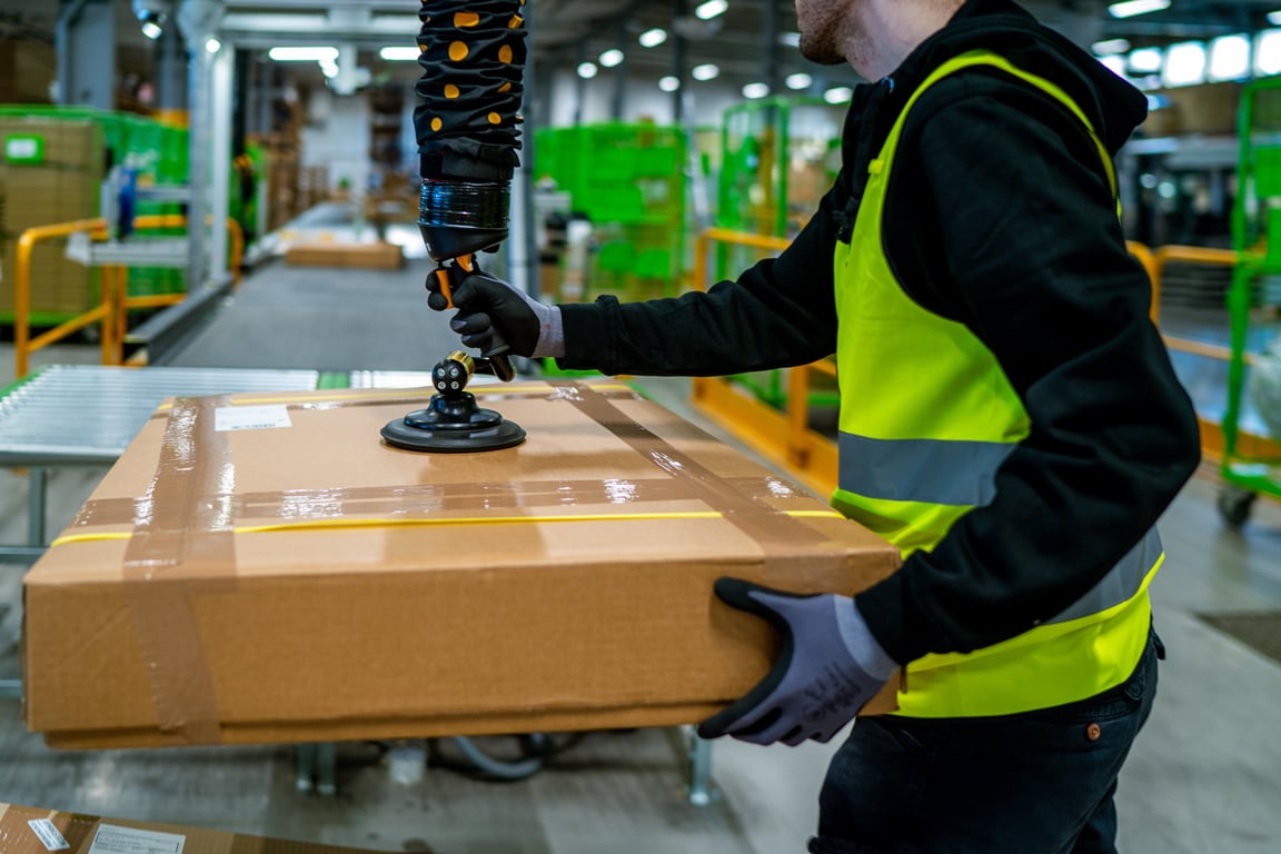 A worker uses a TAWI vacuum lifter to safely lift a box.