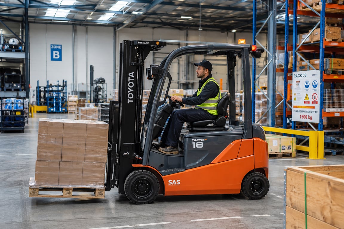 Opérateur conduisant un chariot élévateur chargé d'une palette de cartons dans un entrepôt