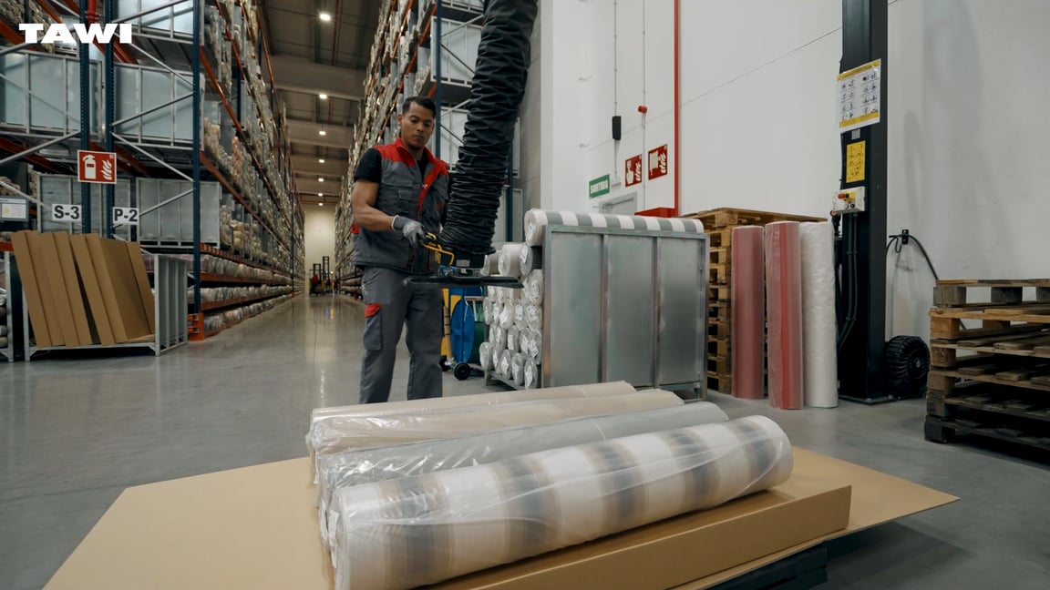 A Sauleda worker uses TAWI's vacuum lifter to handle rolls of fabric.