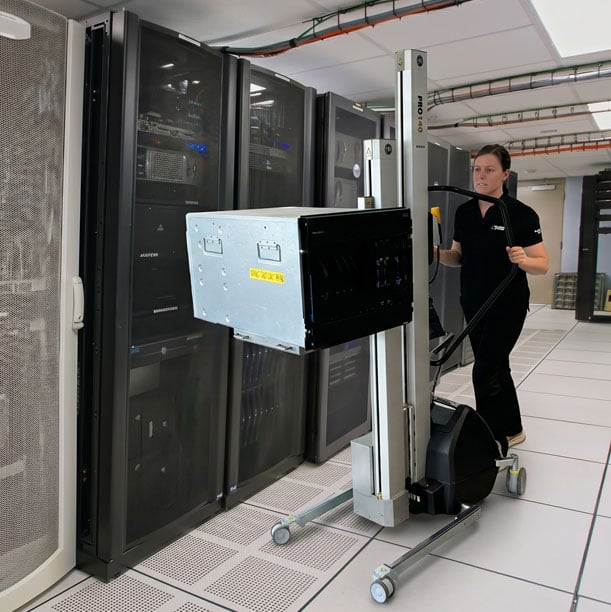 By a simple push of a button on the controller, you can lift or lower the servers loaded on the platform making it easy to find the right height to slide them in our out of a server rack.