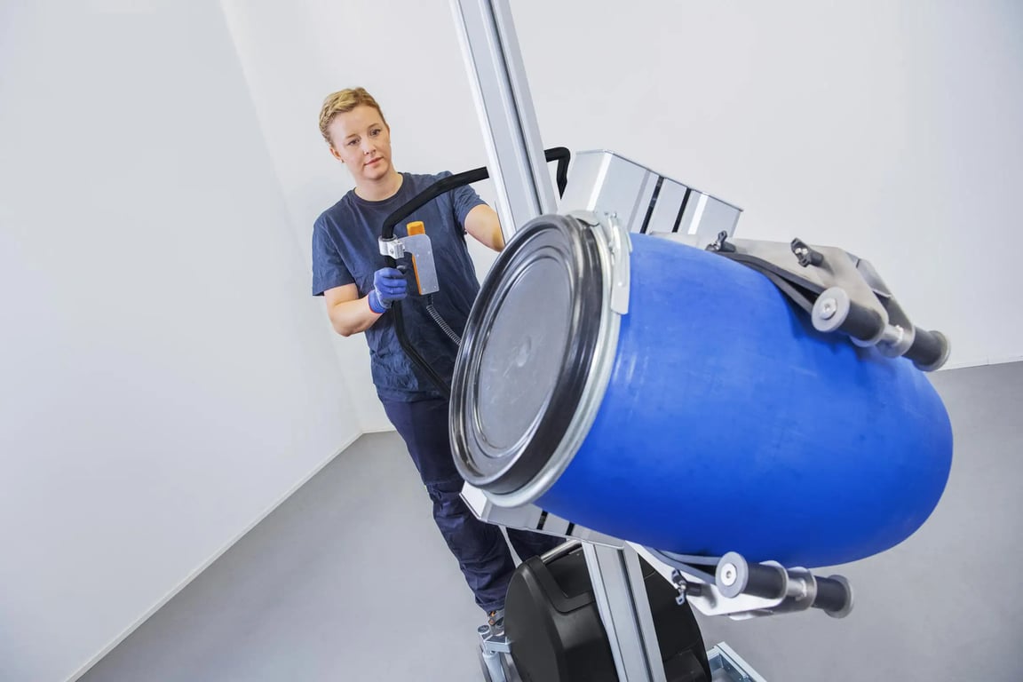 Drum being lifted with a TAWI drum handler trolley.