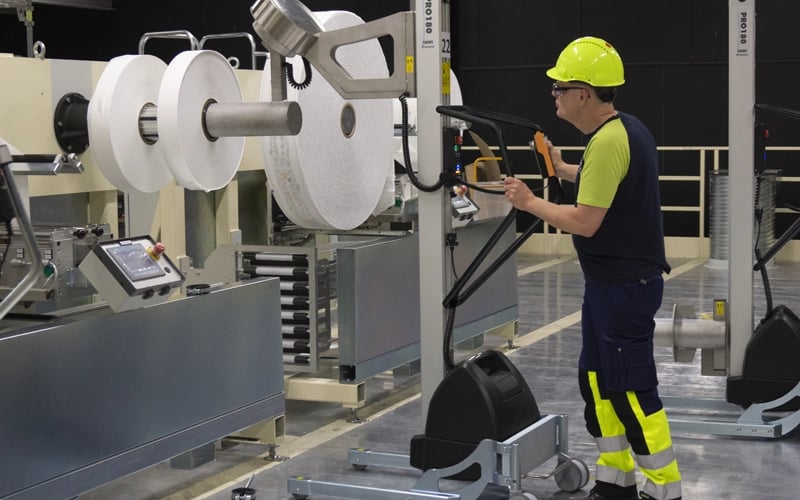 TAWI Reel Handling Trolley, ergonomic electric lift assist lifting and rotating reels and rolls