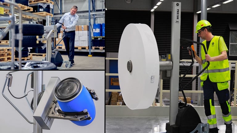 Three images of people using TAWI trolleys and lifting items like tyres, drums, and rolls.