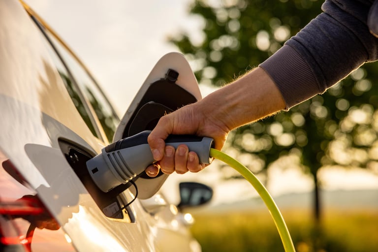 A person charges their electric vehicle (EV).