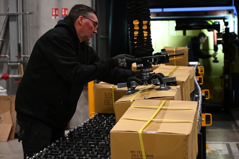 Someone palletises boxes while someone unloads container in the background
