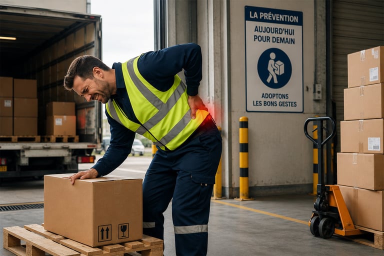Opérateur ayant mal au dos suite à du port de charges répétitif pour charger un camion