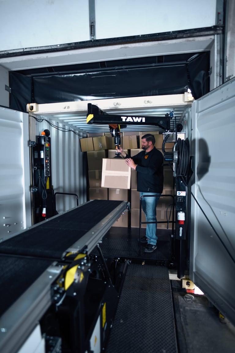 Person lifts boxes with TAWI's container unloader