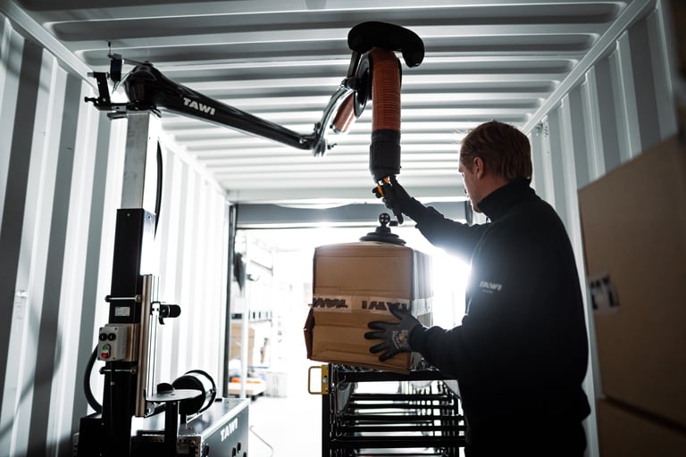 An operator using the TAWI container Unloader inside a container