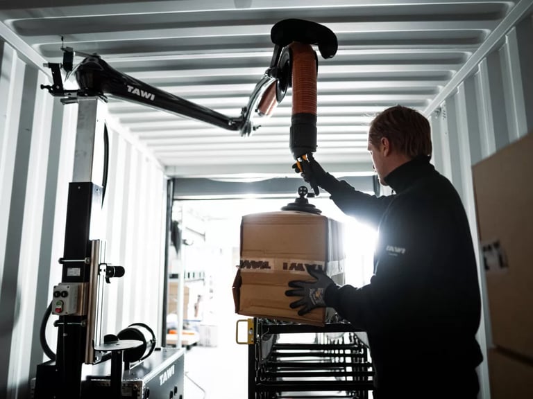 Una persona levanta una caja con un MHL de TAWI en un camión.