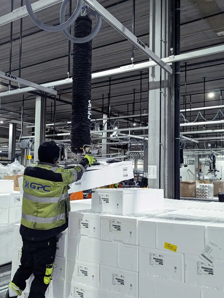 Operator in cold chain logistics using TAWI stainless steel vacuum lifter