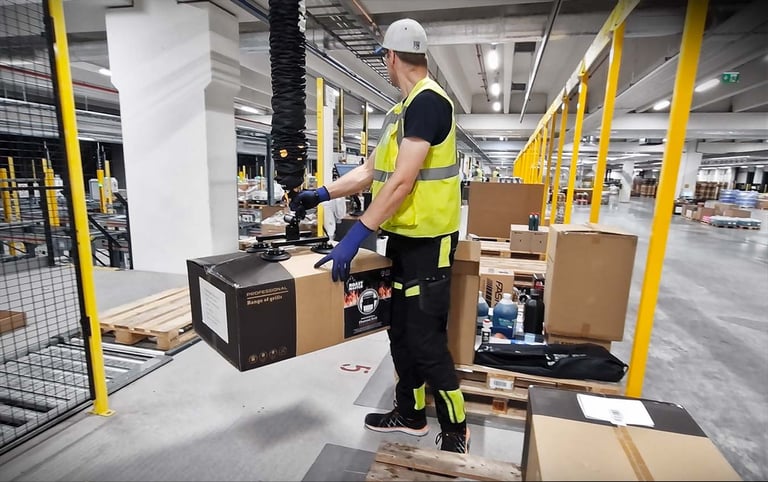 Trabalhador de armazém na Broman Logistics usando o elevador a vácuo TAWI para paletizar caixas