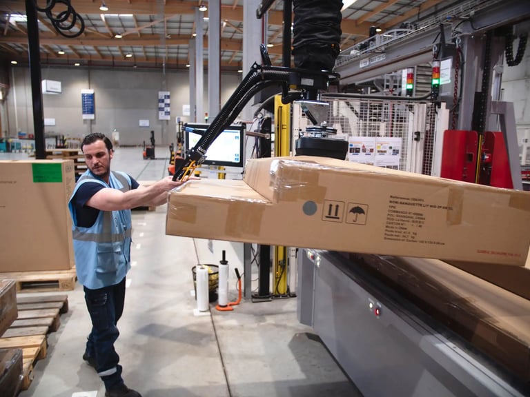 El elevador por vacío levanta una caja grande.