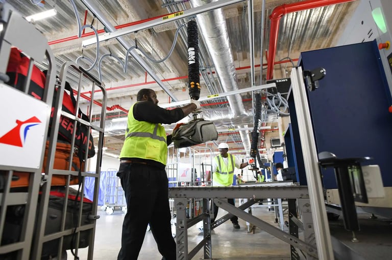 Opérateur dans un terminal utilisant un manipulateur TAWI pour la manutention des bagages.