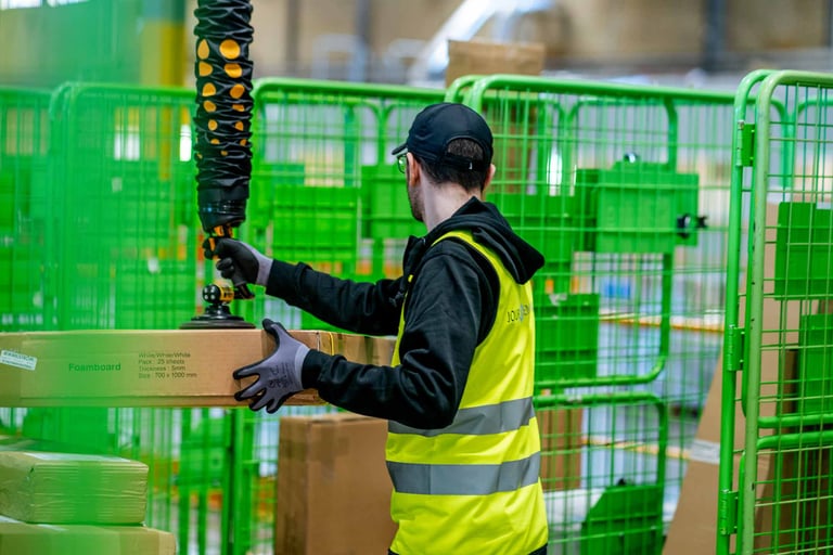 Logistic worker sorting packaged from conveyor belt with TAWI vacuum lifter