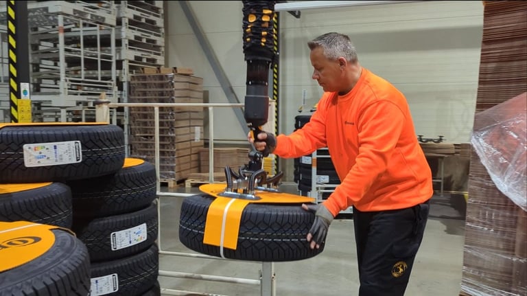 Automotive industry worker using TAWI vacuum lifter to handle heavy tyres