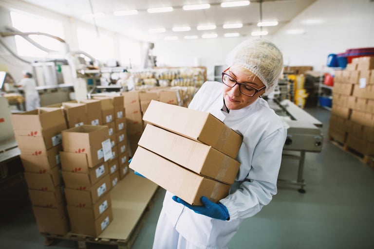 Mujer en un almacén de fabricación farmacéutica transportando varios paquetes