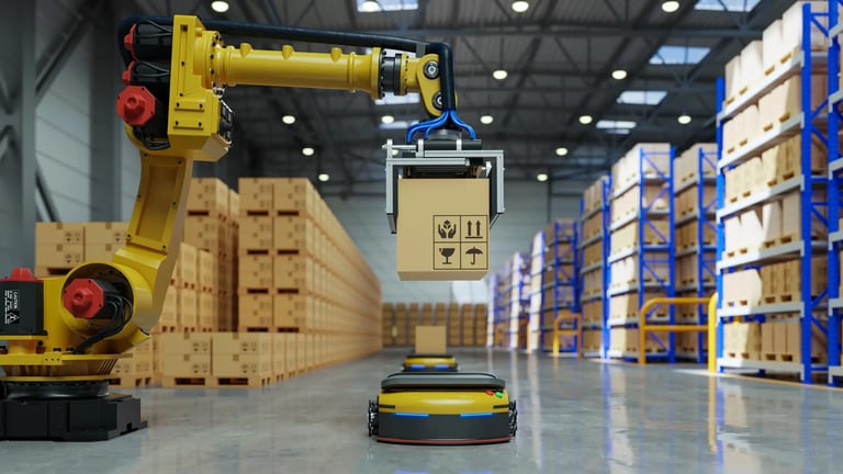 Robotic arm holding a box in logistic warehouse