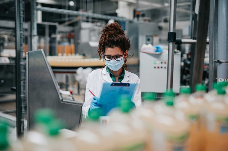 Woman inspecting production in beverage industry