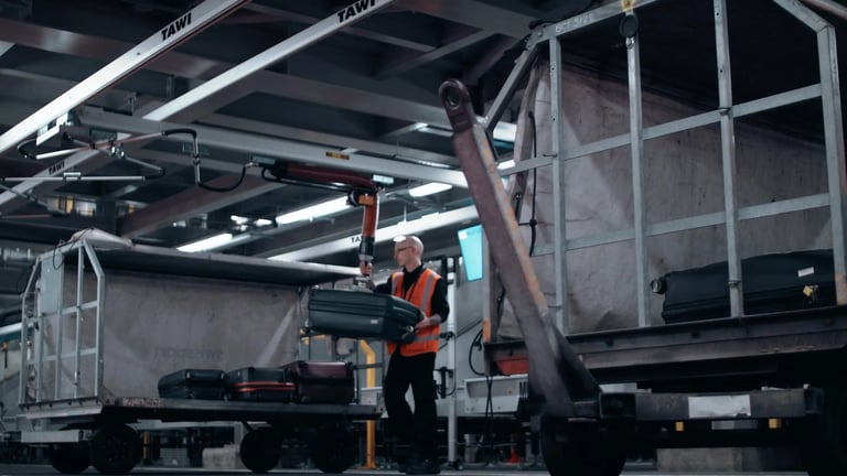 Opérateur à l’aéroport de Londres Stansted utilisant un manipulateur TAWI pour la manutention des bagages.