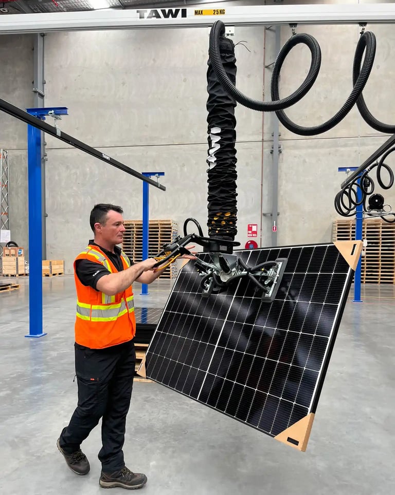 Opérateur manipulant un panneau solaire à l'aide d'une solution de levage ergonomique TAWI
