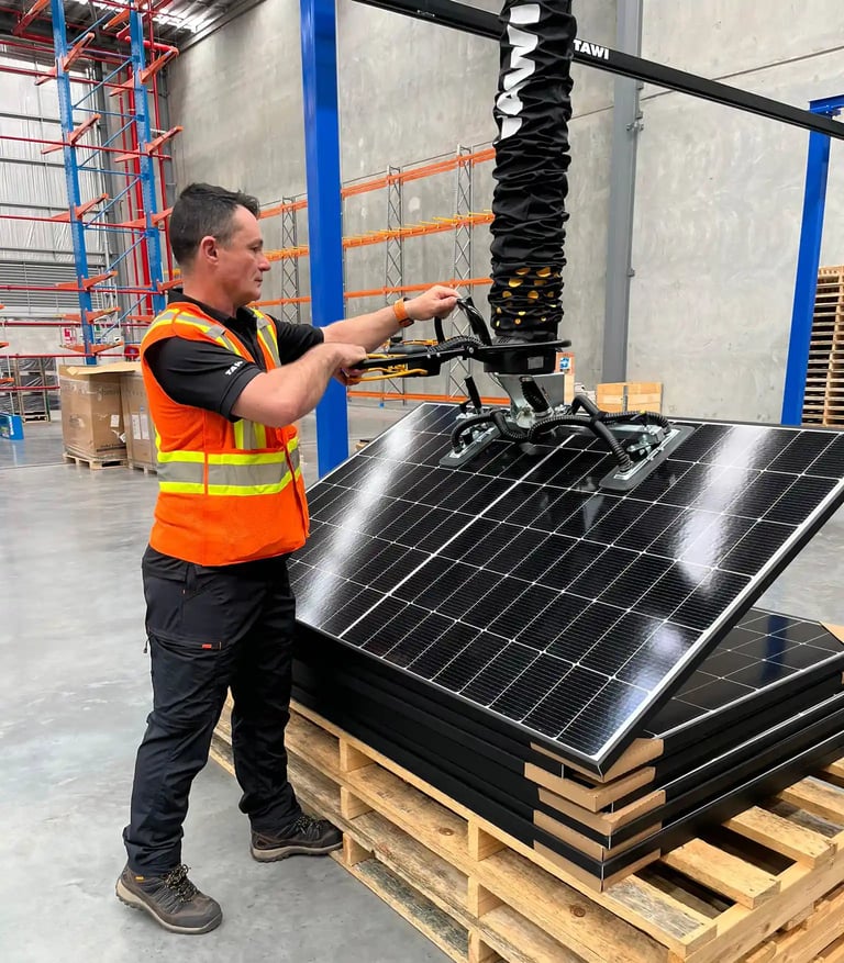 Opérateur utilisant un manipulateur TAWI pour palettiser des panneaux solaires en entrepôt