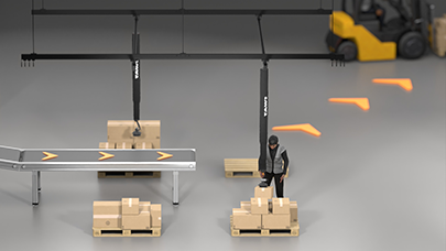 Lifting boxes from a conveyor belt to a pallet using a high speed vacuum lifter