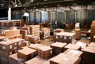 Distribution warehouse with several ports and a lot of different boxes